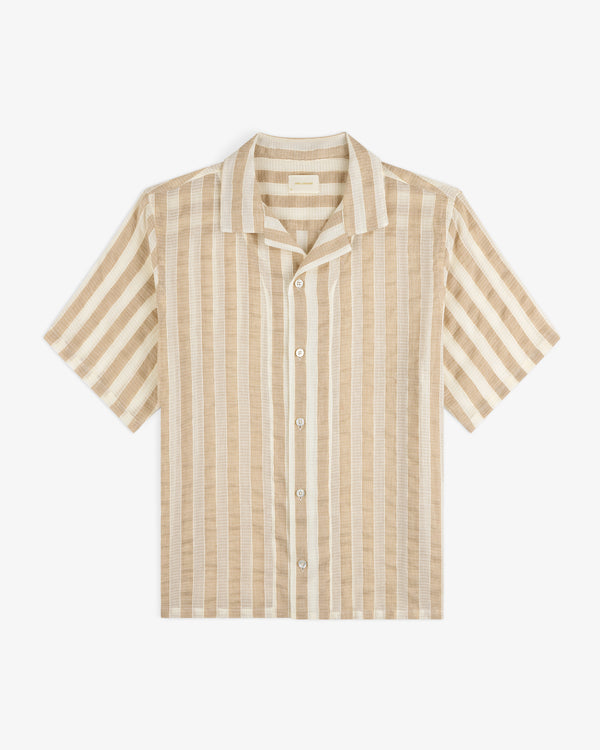 Linen Blend Striped Camp Shirt in beige and white, short-sleeve, laid flat on a white background.