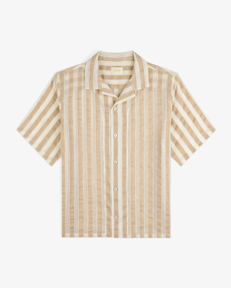 Linen Blend Striped Camp Shirt in beige and white, short-sleeve, laid flat on a white background.