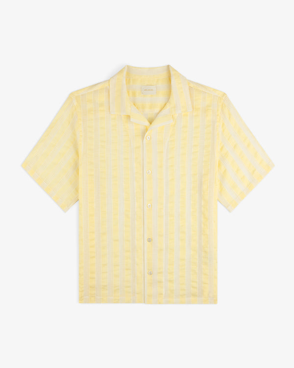 Linen Blend Striped Camp Shirt in light yellow and white, short-sleeve, button-up, laid flat on white background.
