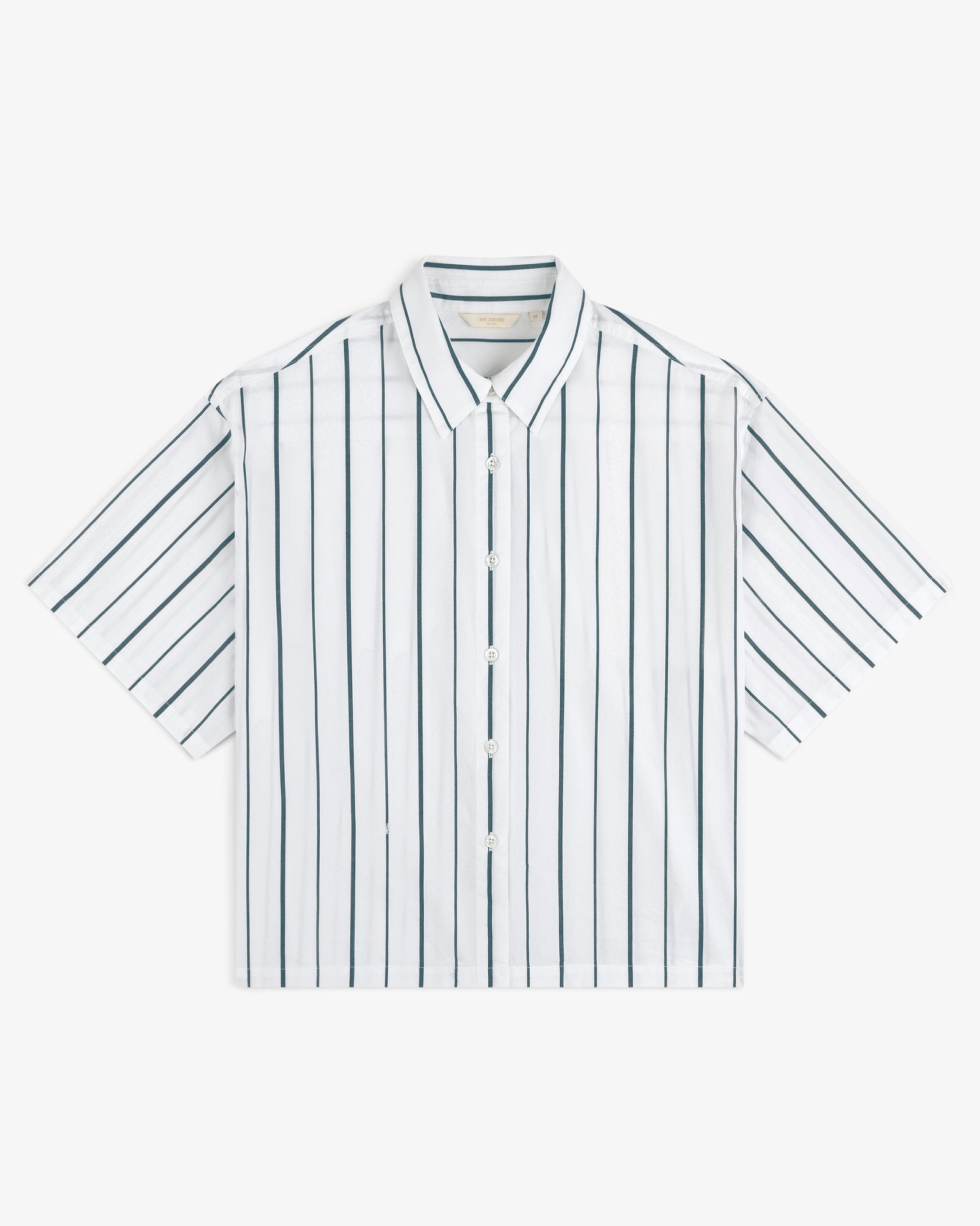 Cropped Poplin Leisure Shirt, white with vertical black stripes and classic collar, short sleeves.