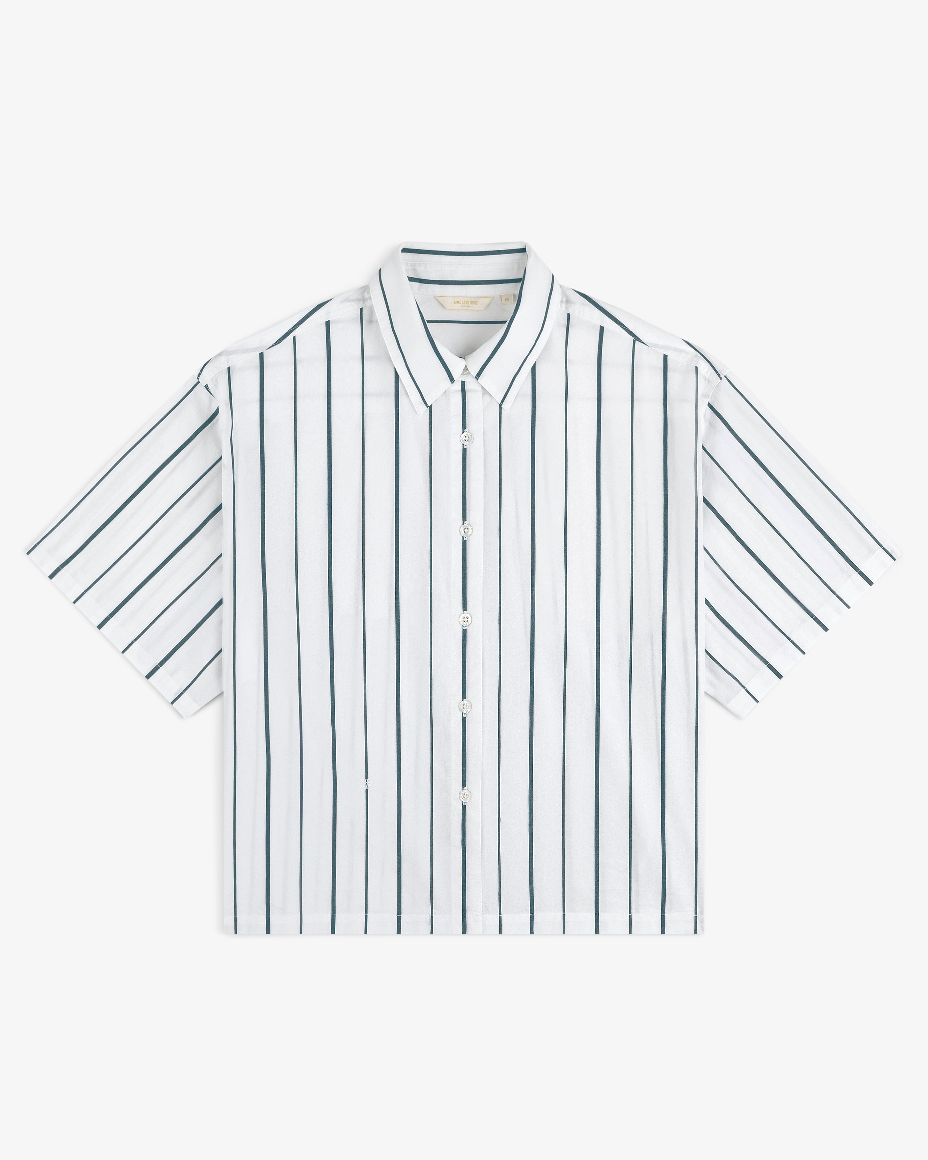Cropped Poplin Leisure Shirt, white with vertical black stripes and classic collar, short sleeves.