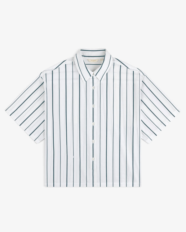 Cropped Poplin Leisure Shirt, white with vertical black stripes and classic collar, short sleeves.