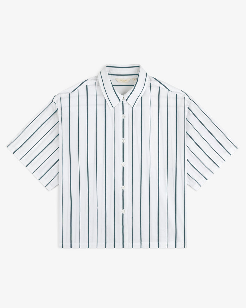 Cropped Poplin Leisure Shirt, white with vertical black stripes and classic collar, short sleeves.