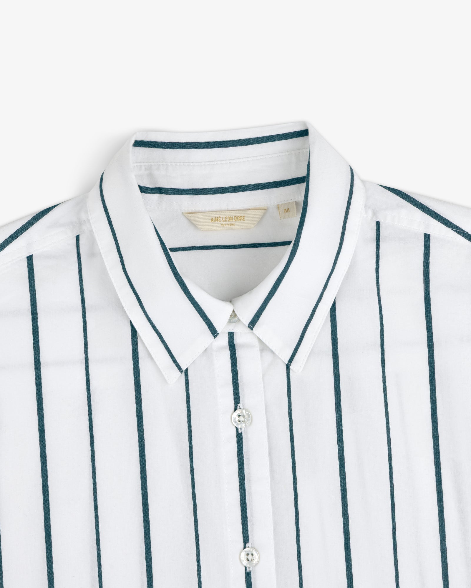 Cropped Poplin Leisure Shirt with a collar and vertical dark green stripes, shown from the chest up on a plain background.