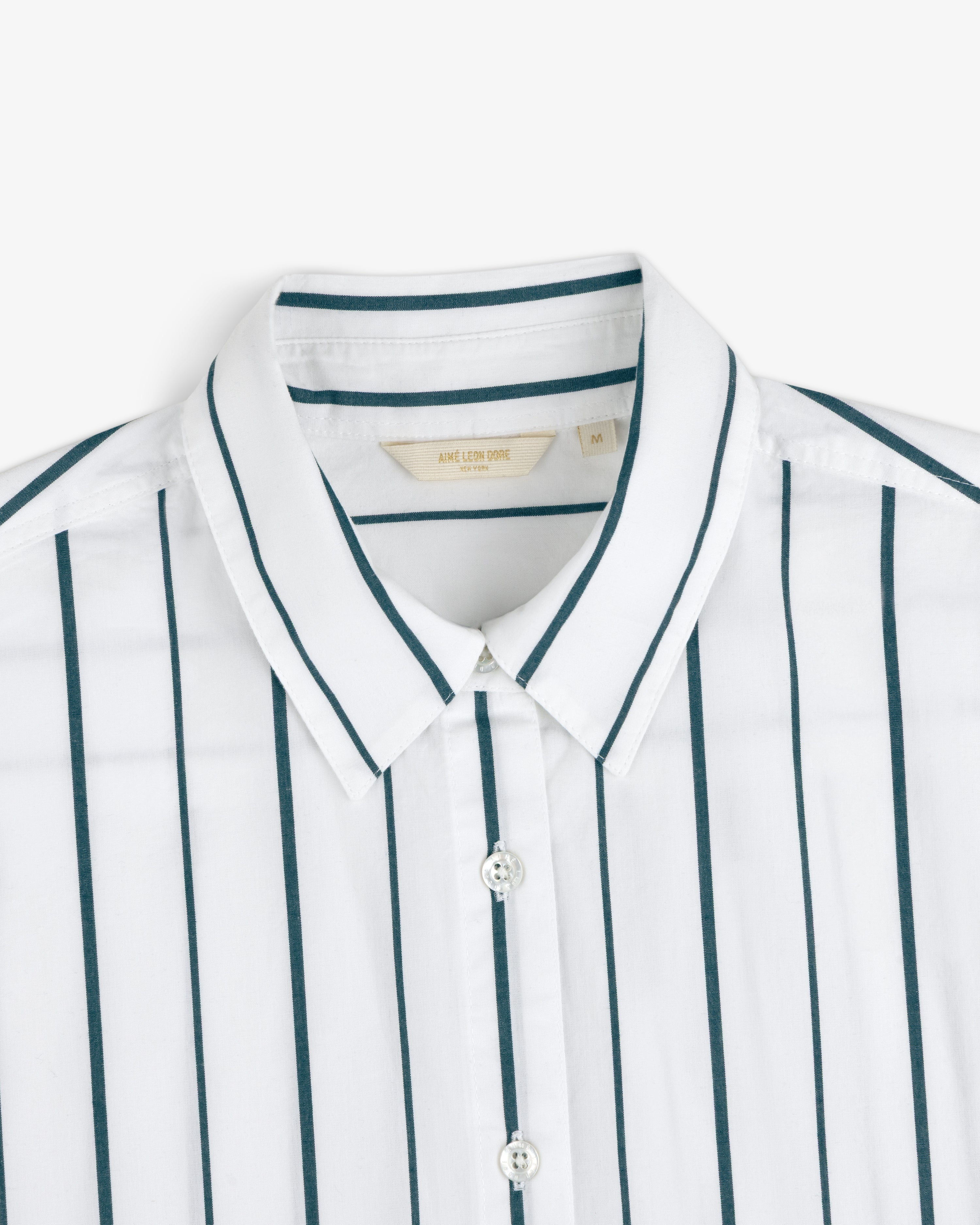 Cropped Poplin Leisure Shirt with a collar and vertical dark green stripes, shown from the chest up on a plain background.