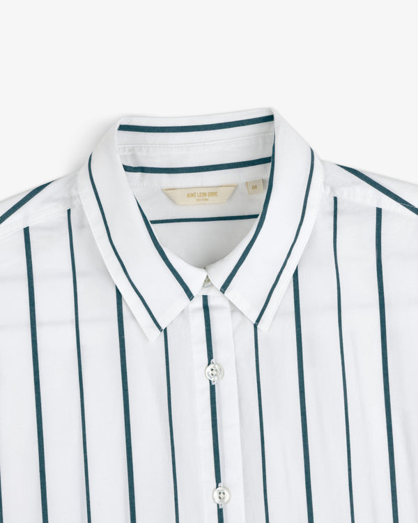 Cropped Poplin Leisure Shirt with a collar and vertical dark green stripes, shown from the chest up on a plain background.