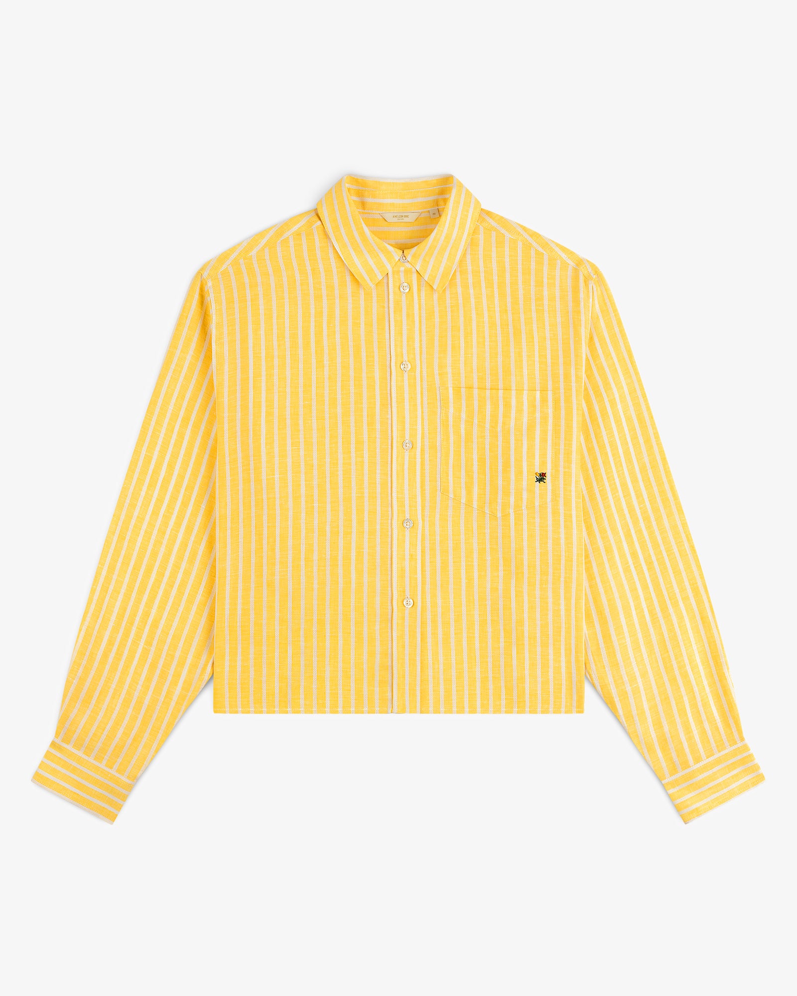 Striped Linen Casual Shirt: yellow and white vertical stripes, long sleeves, button-up, collar, chest pocket.