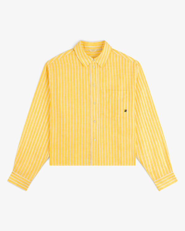 Striped Linen Casual Shirt: yellow and white vertical stripes, long sleeves, button-up, collar, chest pocket.