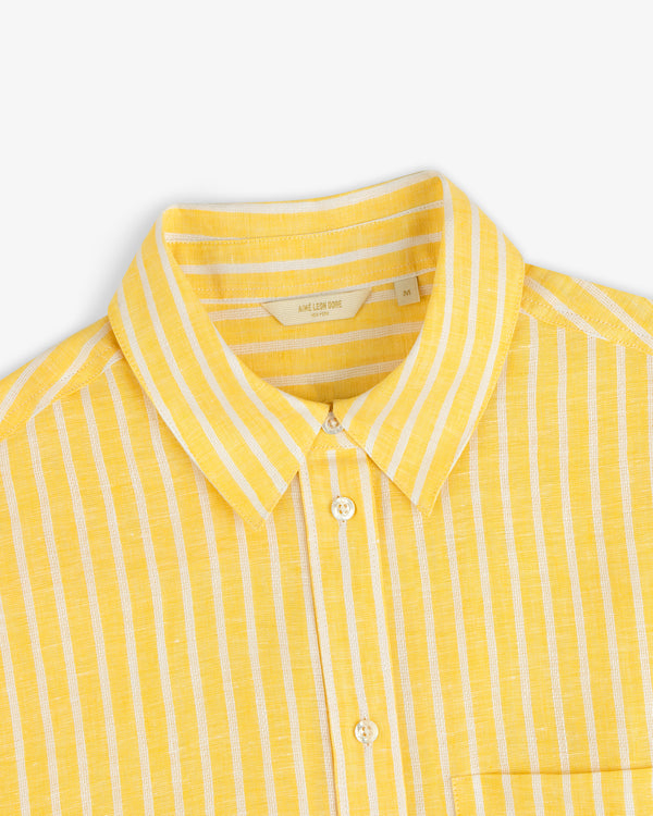 Striped Linen Casual Shirt in yellow with white vertical stripes and buttons, displayed on a white background.