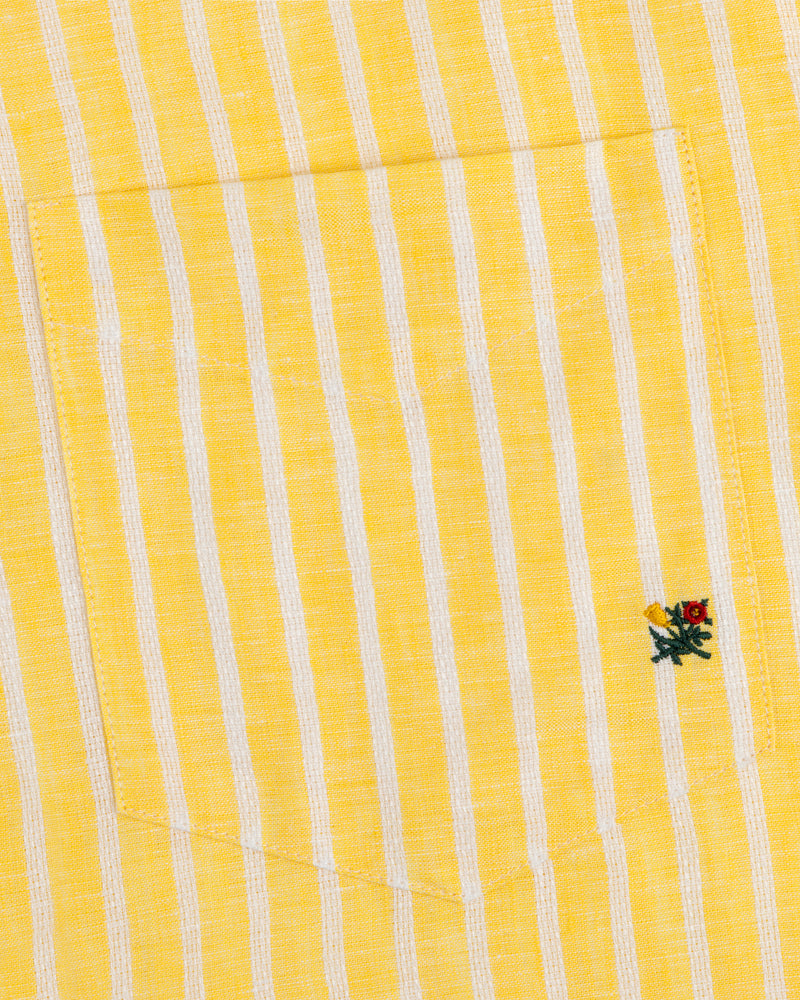 Striped Linen Casual Shirt with yellow and white stripes and a small embroidered flower by the pocket.