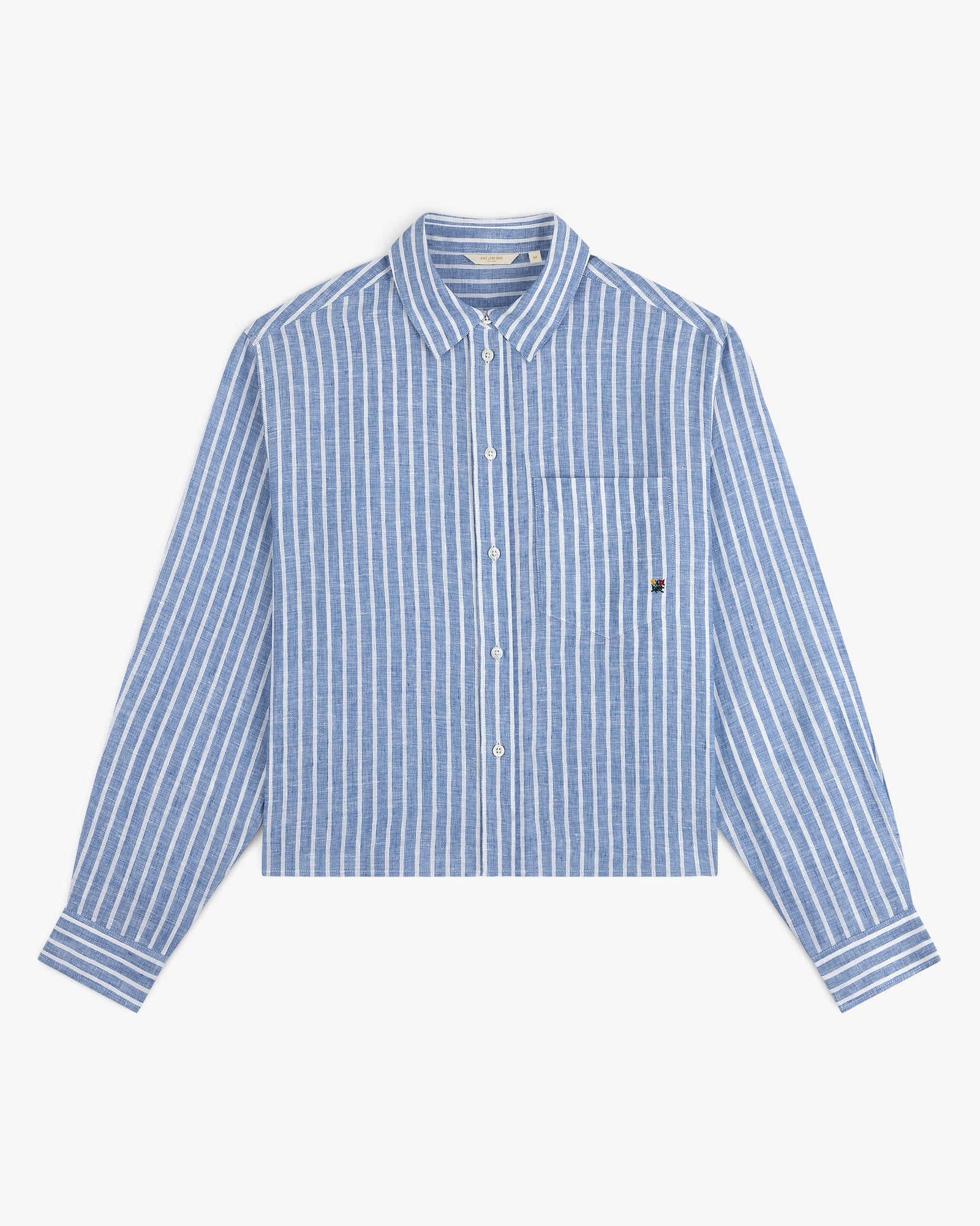 Striped Linen Casual Shirt in blue and white with long sleeves, button-up front, and pocket, laid flat on white.