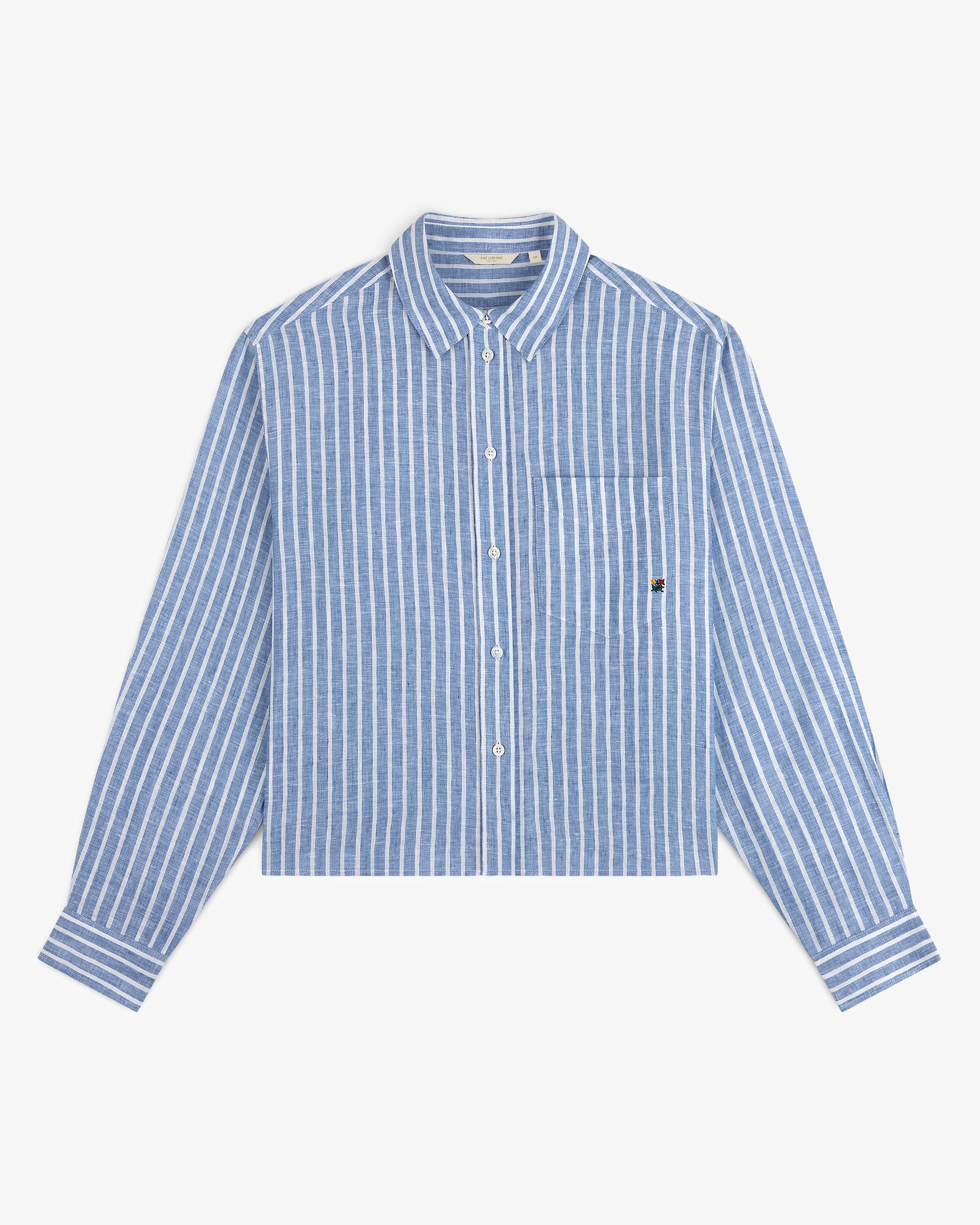 Striped Linen Casual Shirt in blue and white with long sleeves, button-up front, and pocket, laid flat on white.