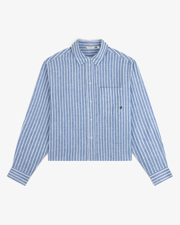 Striped Linen Casual Shirt in blue and white with long sleeves, button-up front, and pocket, laid flat on white.
