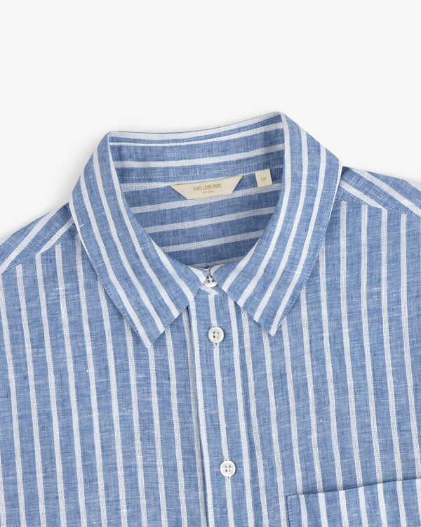 Striped Linen Casual Shirt in blue and white, button-down with collar and chest pocket, shown from the shoulders up.