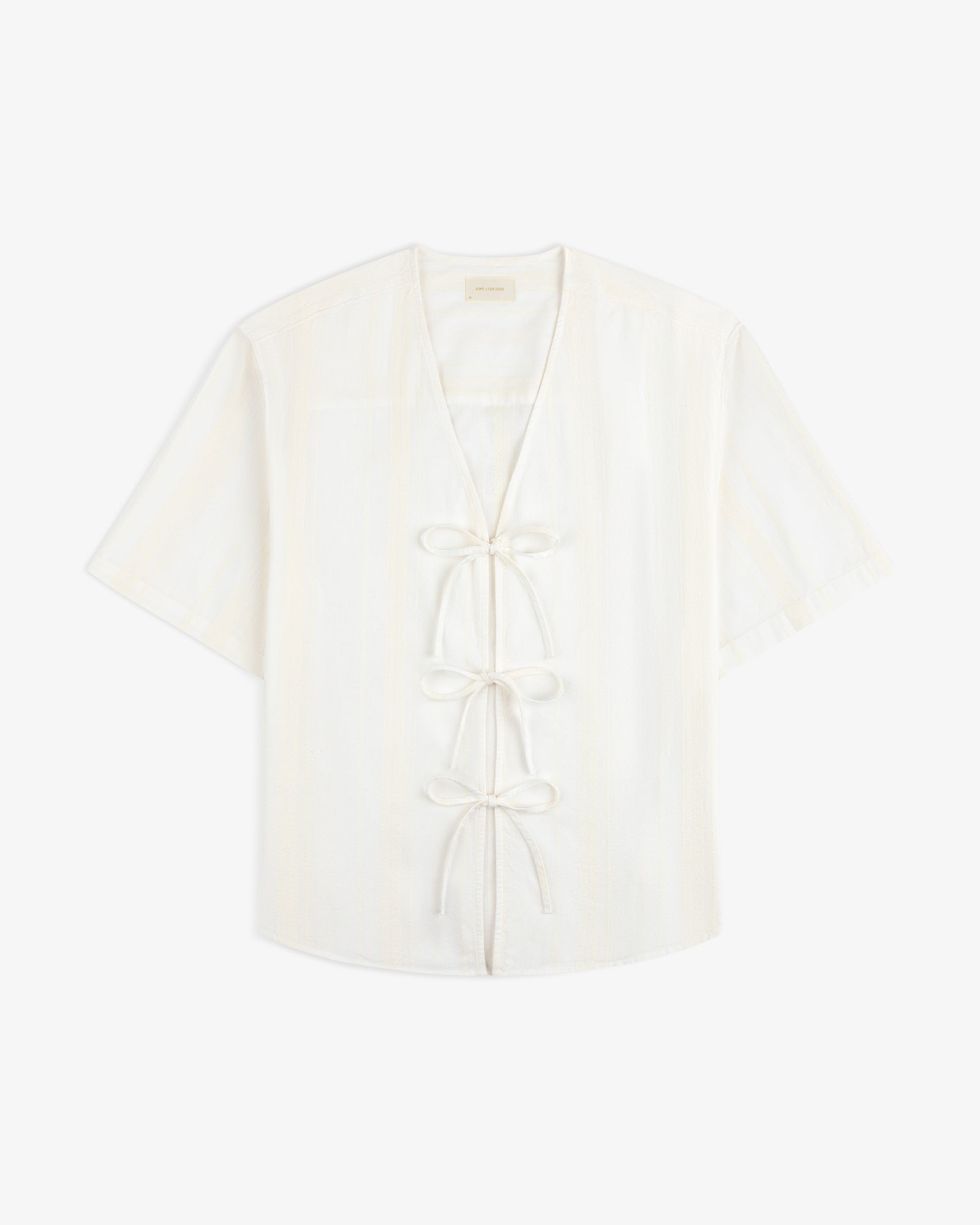 Jacquard Striped Tie-Front Shirt, short-sleeved with V-neck and three front ties, shown on white background.