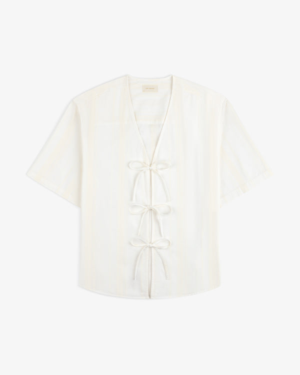 Jacquard Striped Tie-Front Shirt, short-sleeved with V-neck and three front ties, shown on white background.