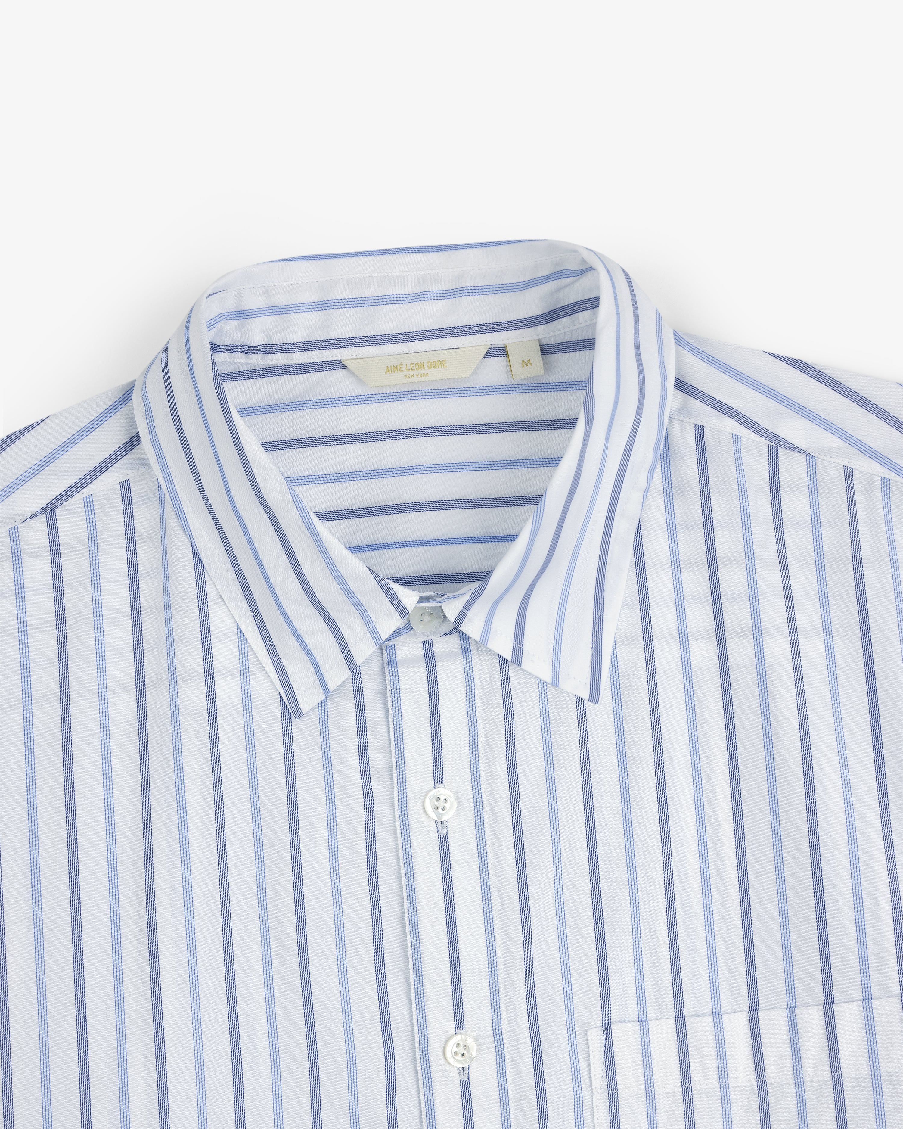 Poplin Casual Shirt—blue and white vertical stripes, button-up with pointed collar, shown from the chest up.