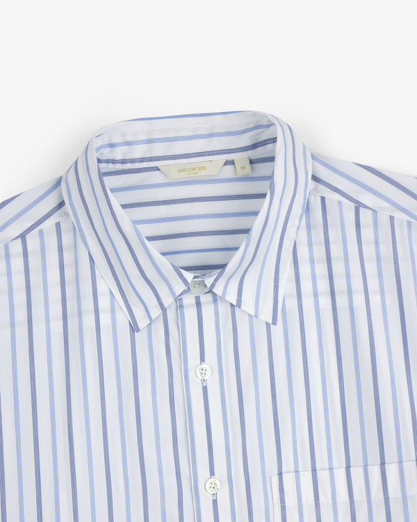 Poplin Casual Shirt—blue and white vertical stripes, button-up with pointed collar, shown from the chest up.