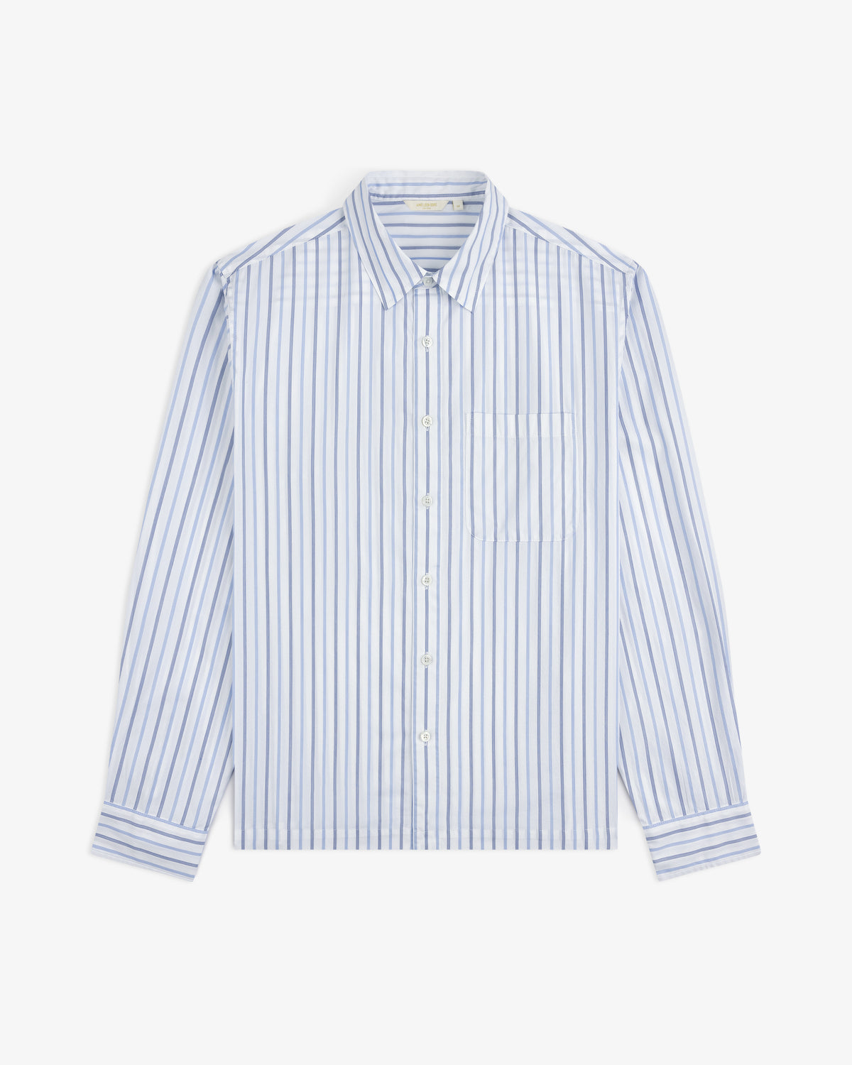 Poplin Casual Shirt in light blue and white vertical stripes, long-sleeve with front pocket, laid flat on white background.