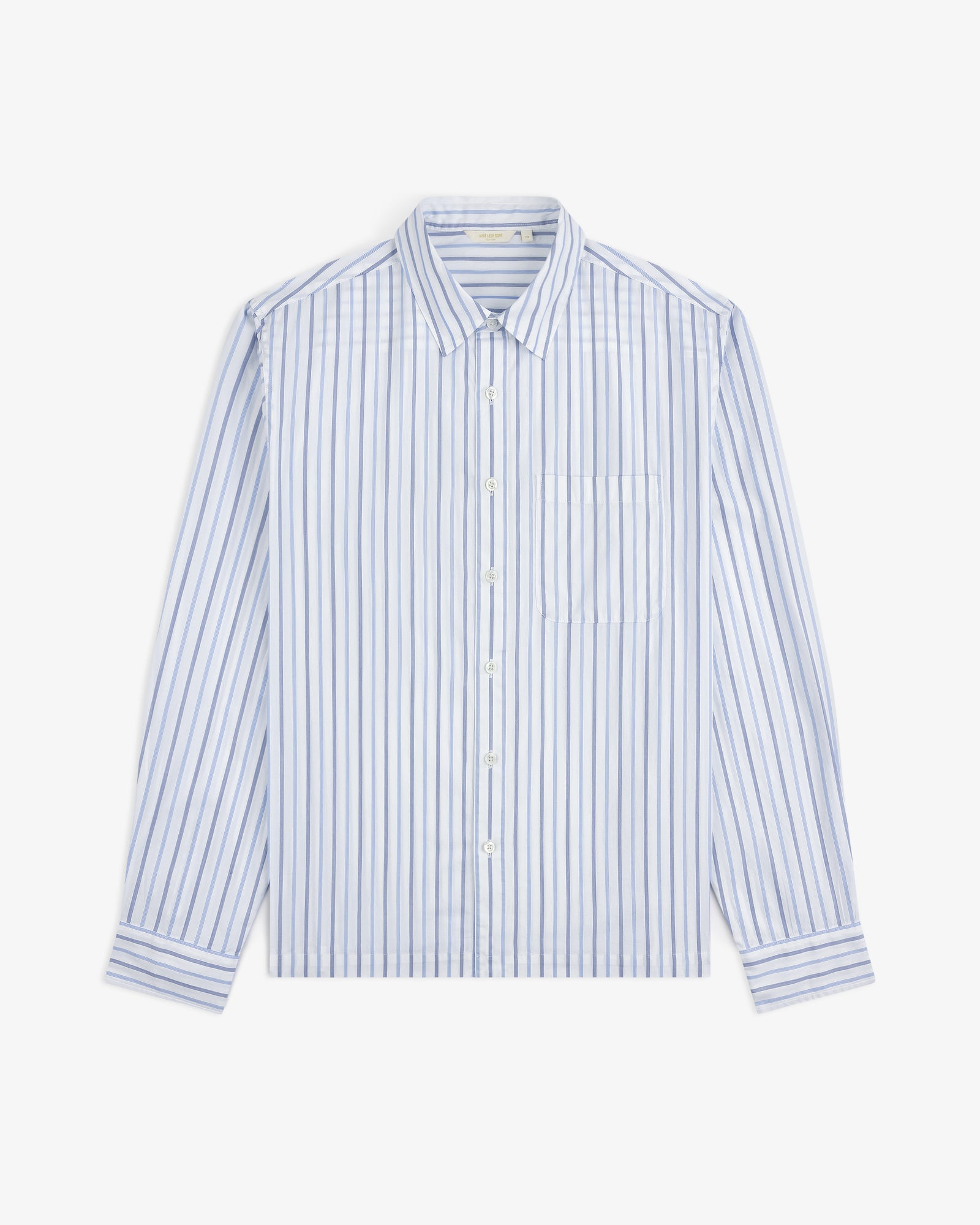 Poplin Casual Shirt in light blue and white vertical stripes, long-sleeve with front pocket, laid flat on white background.