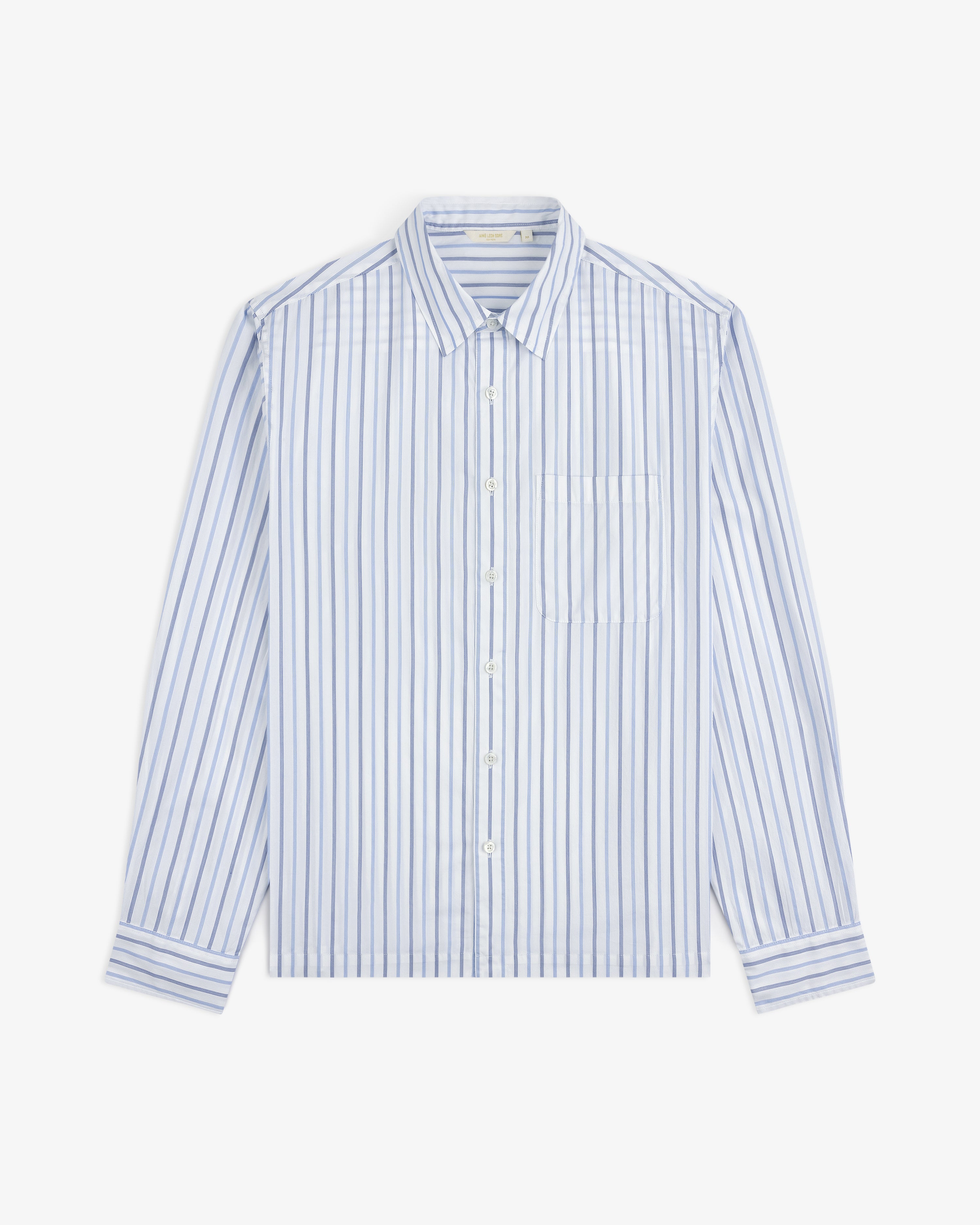 Poplin Casual Shirt in light blue and white vertical stripes, long-sleeve with front pocket, laid flat on white background.
