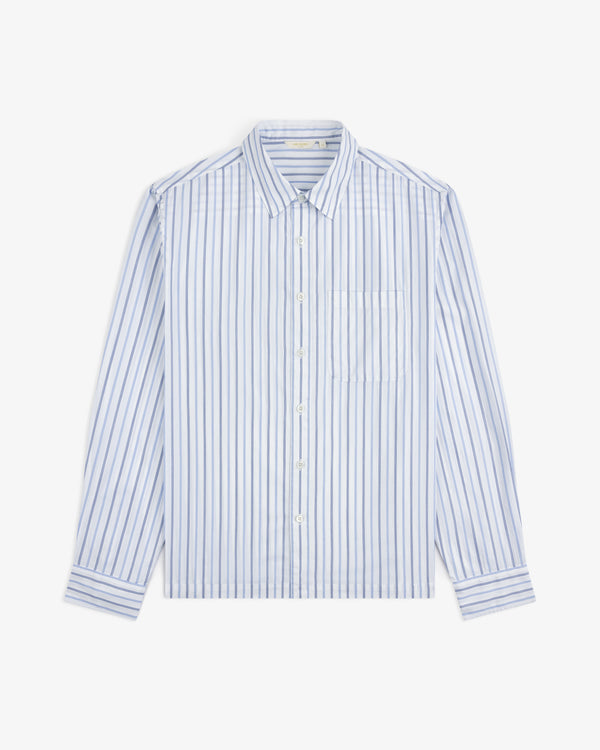 Poplin Casual Shirt in light blue and white vertical stripes, long-sleeve with front pocket, laid flat on white background.