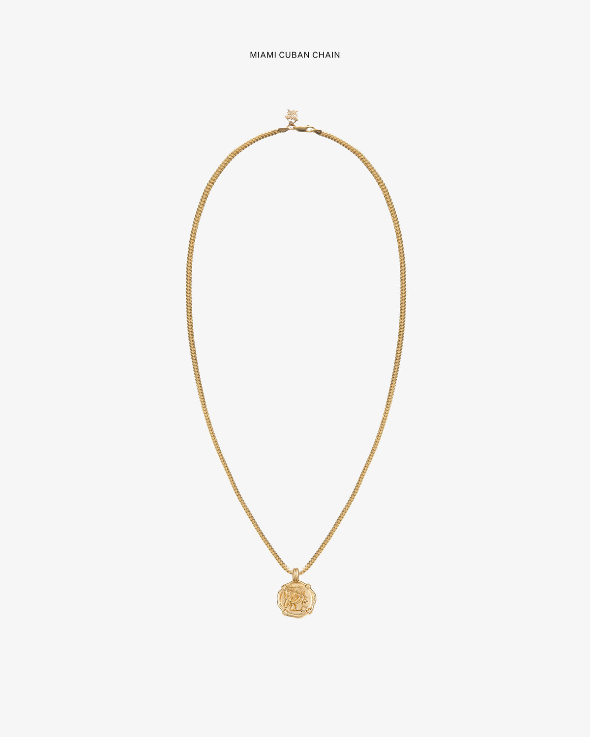 14Kt Gold Coin Pendant on a Miami Cuban chain, showcased against a plain white background.