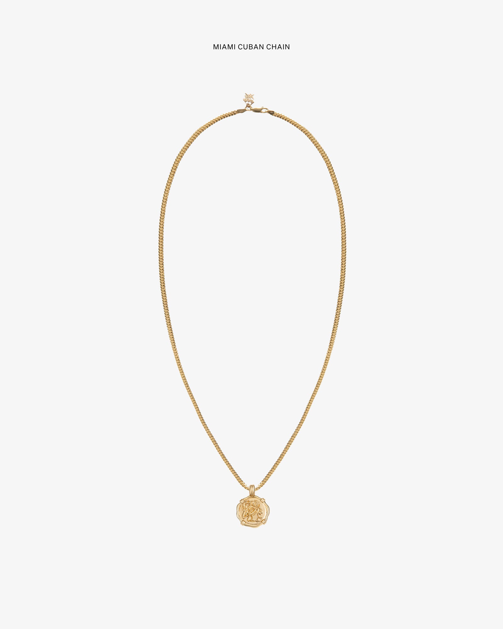 14Kt Gold Coin Pendant on a Miami Cuban chain, showcased against a plain white background.