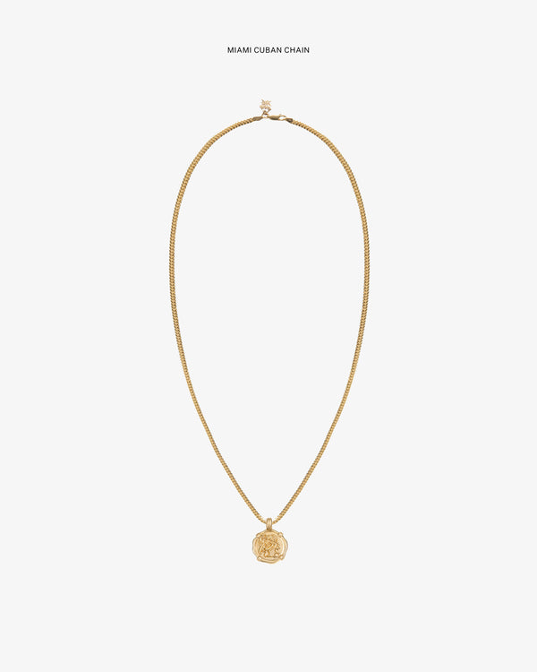 14Kt Gold Coin Pendant on a Miami Cuban chain, showcased against a plain white background.