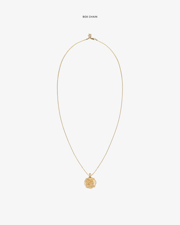 14Kt Gold Coin Pendant on a gold box chain shown against a plain white background.