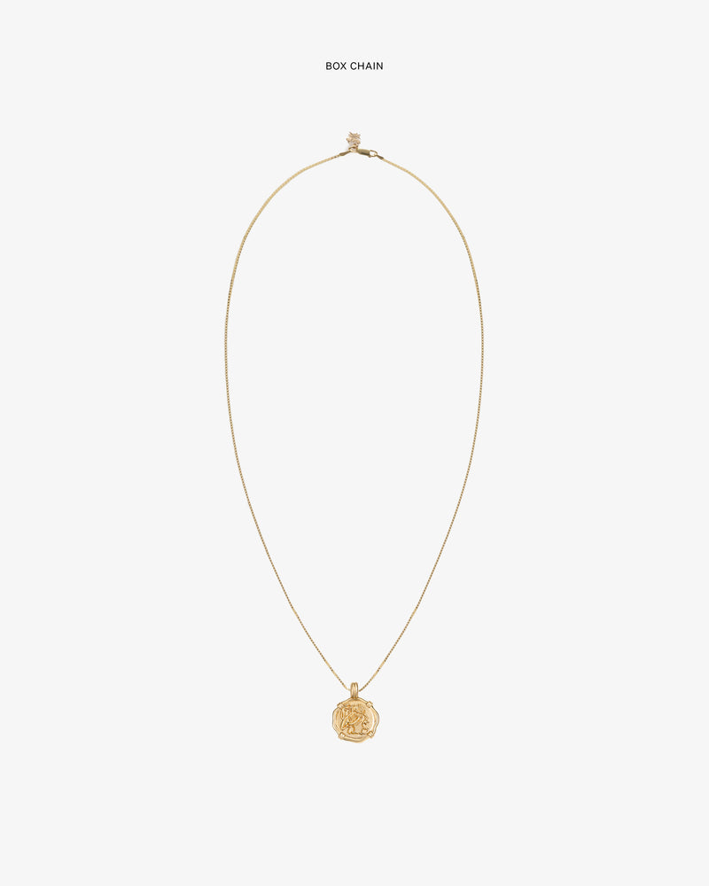 14Kt Gold Coin Pendant on a gold box chain shown against a plain white background.