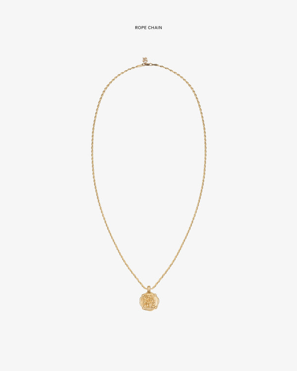 14Kt Gold Coin Pendant on a gold rope chain, centered on a plain white background.