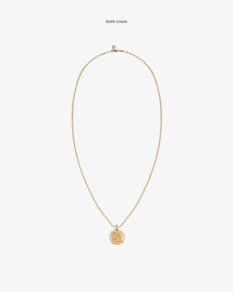 14Kt Gold Coin Pendant on a gold rope chain, centered on a plain white background.