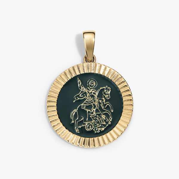 14Kt Gold Saint George Coin Pendant with engraved figure on horseback and textured border over dark green background.