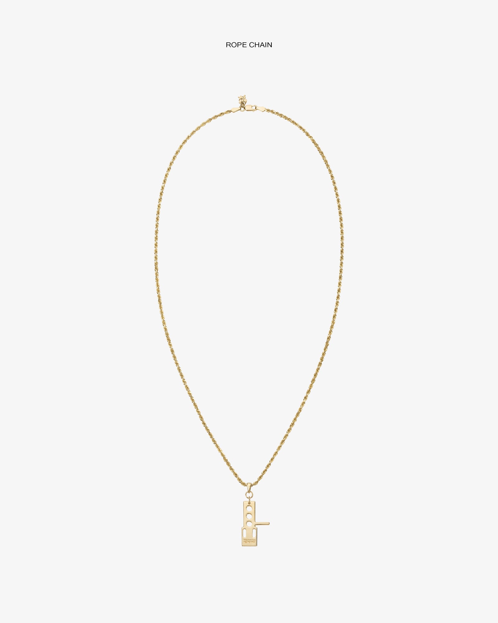 ALD / Technics 14Kt Gold Pendant rope chain necklace with geometric pendant on a plain white background.