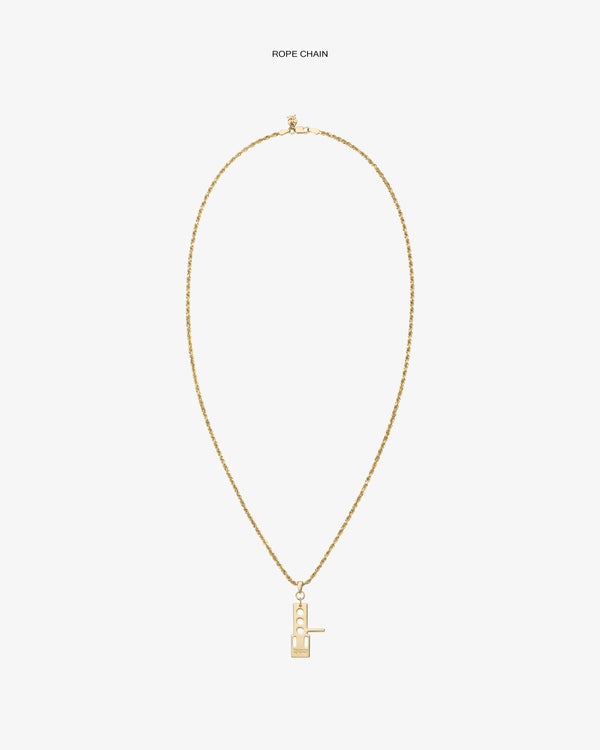 ALD / Technics 14Kt Gold Pendant rope chain necklace with geometric pendant on a plain white background.
