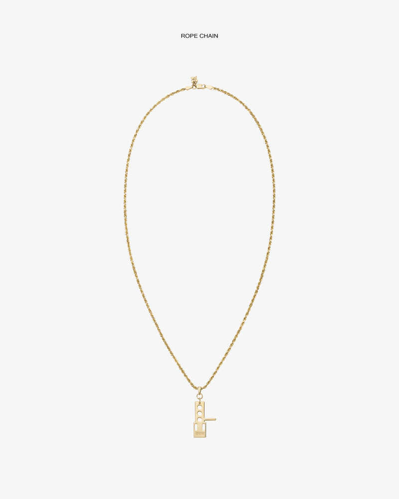 ALD / Technics 14Kt Gold Pendant rope chain necklace with geometric pendant on a plain white background.