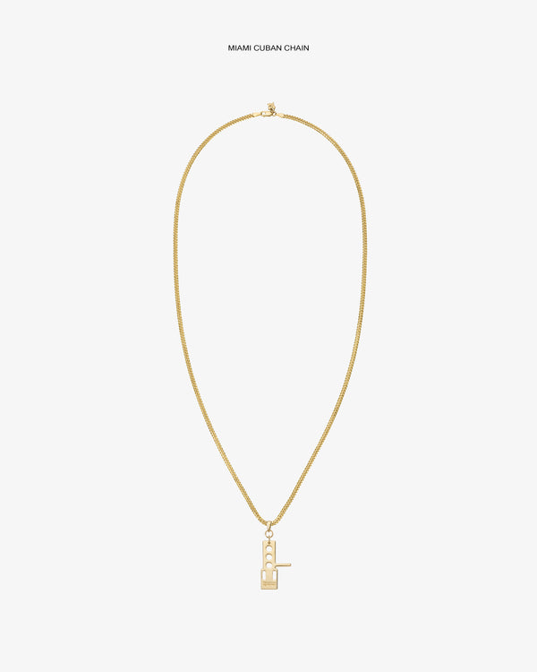 ALD / Technics 14Kt Gold Pendant necklace with a rectangular charm, shown on a plain white background.