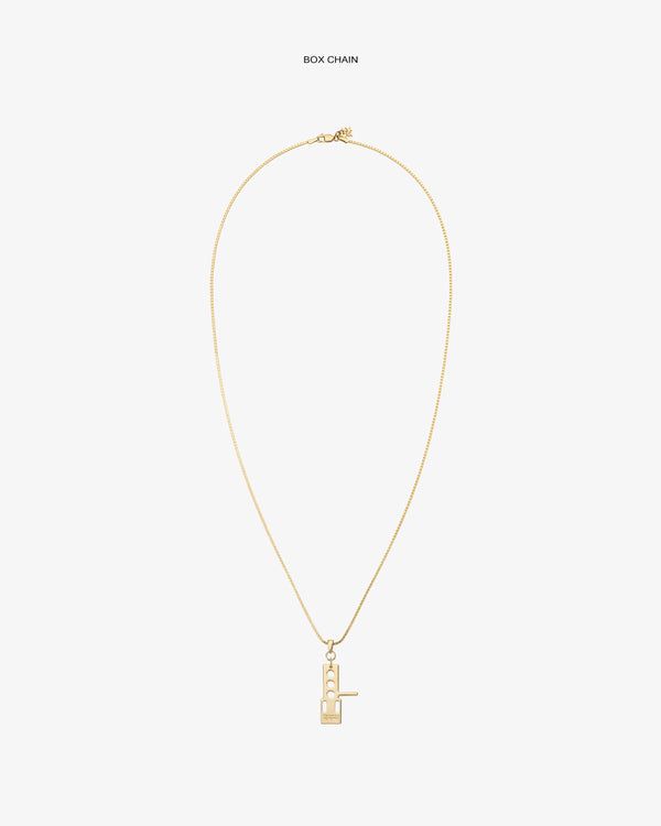 ALD / Technics 14Kt Gold Pendant on a thin box chain with a modern geometric design, shown on white background.