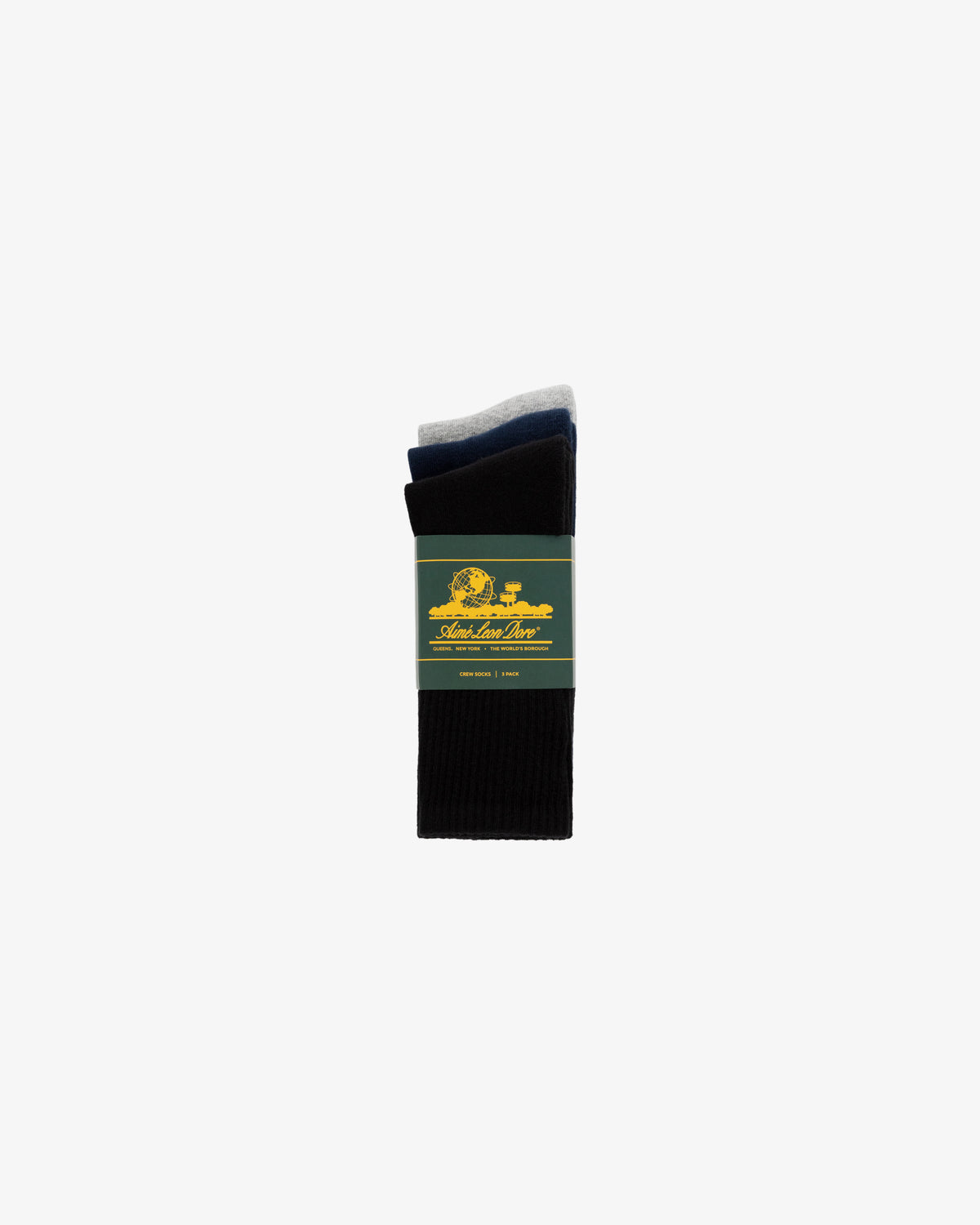 Crew Sock 3-Pack: three assorted pairs bundled with a green and yellow label on a white background.