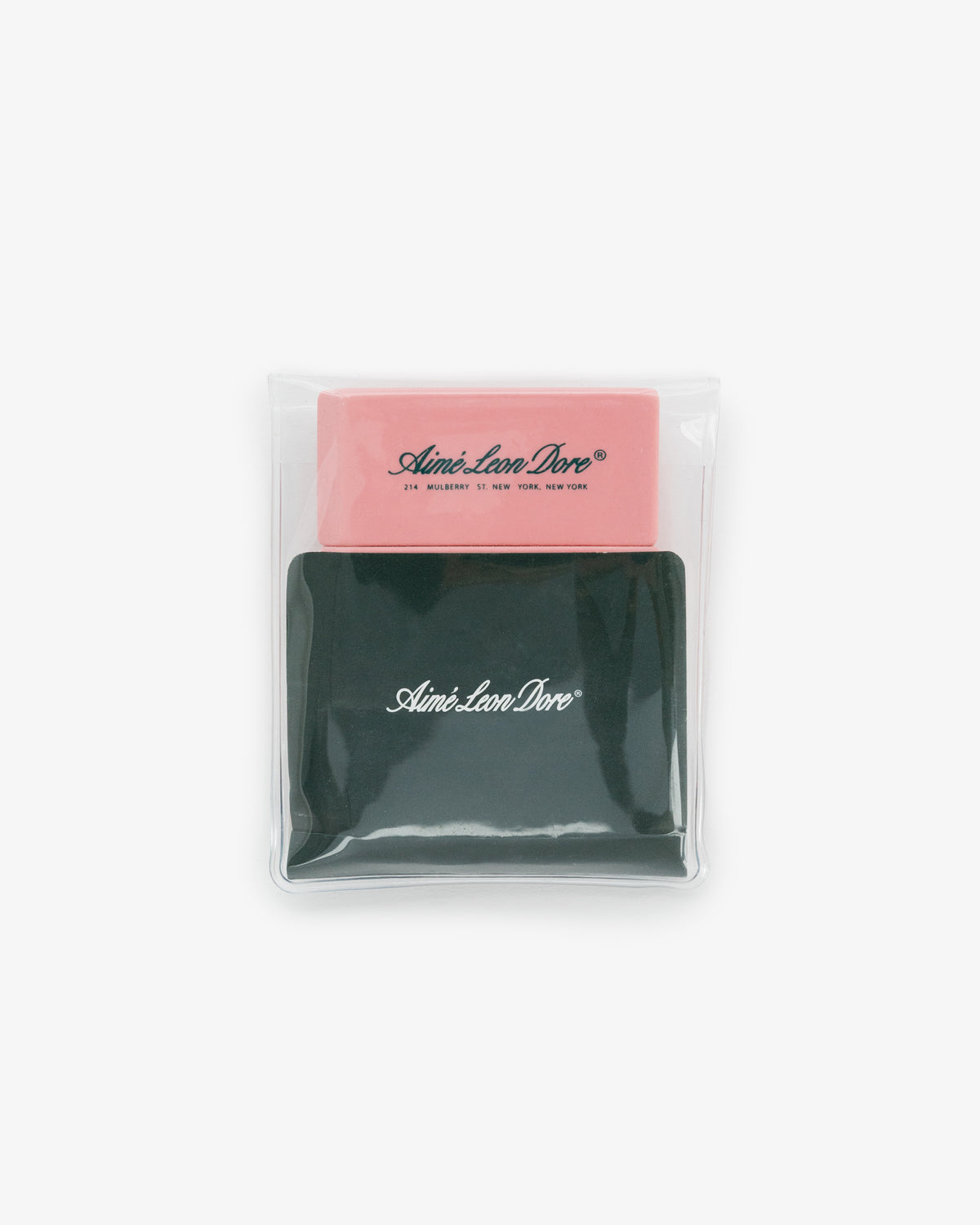 A pink eraser from the Eraser 3 Pack and a black pouch with text, in a clear bag on a white background.