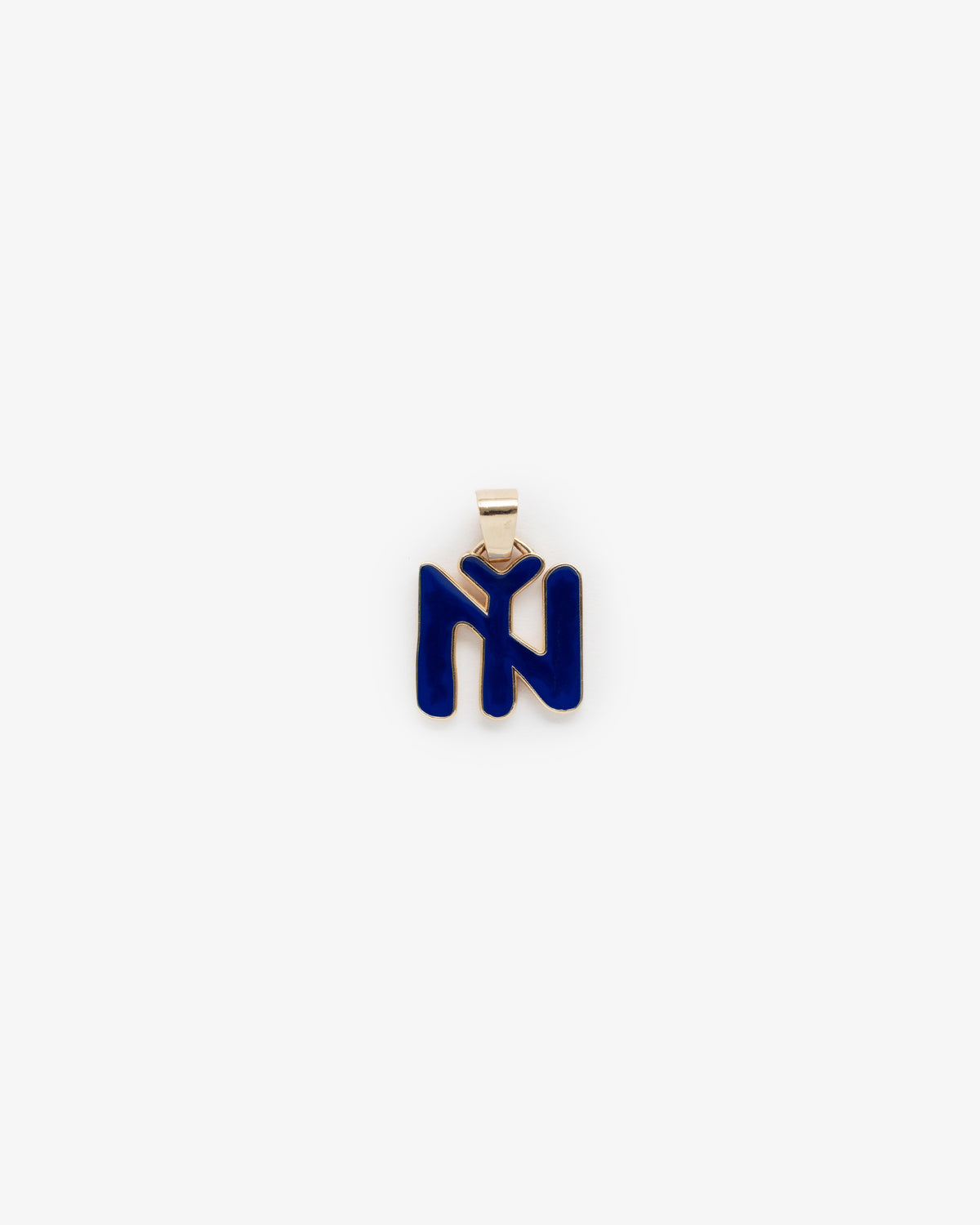 14Kt Gold Pendant with blue enamel "N" design on a white background.