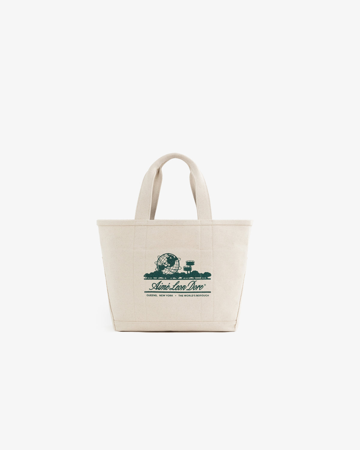 Small Unisphere Tote Bag in beige canvas with two handles and a green graphic logo on the front.