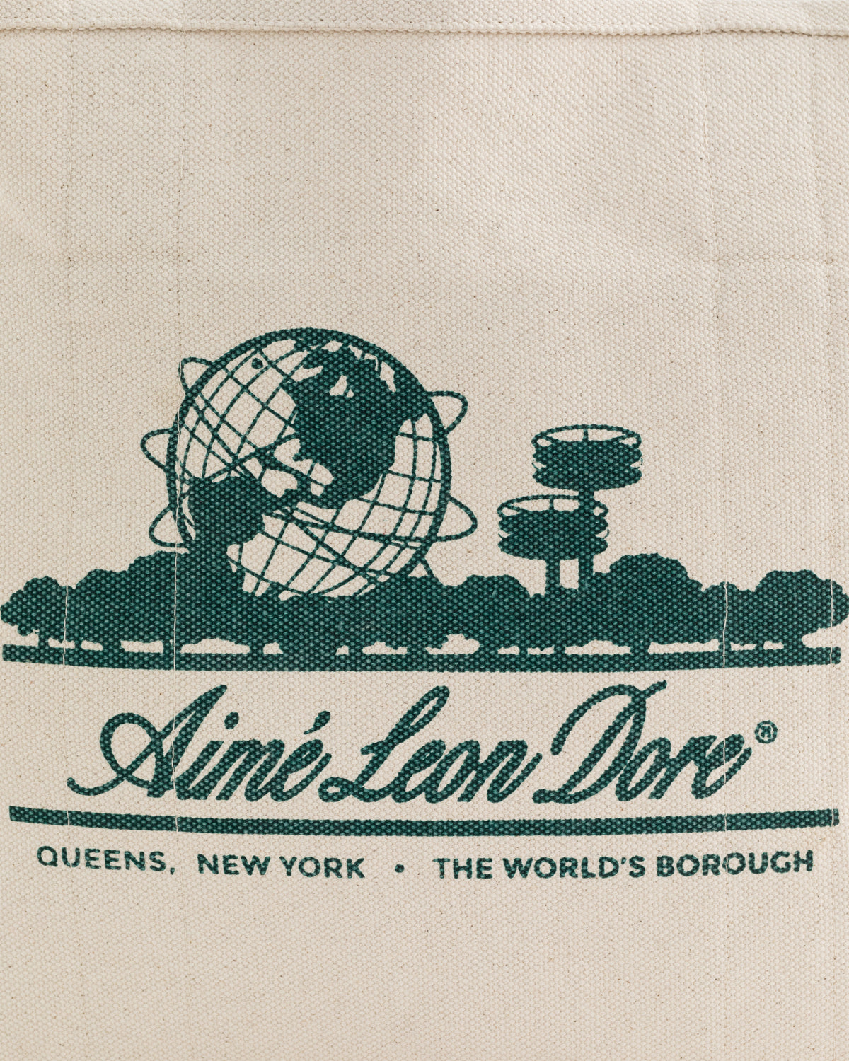 Logo with globe, trees, and towers above text: Large Unisphere Tote Bag, Queens, New York, The World's Borough.