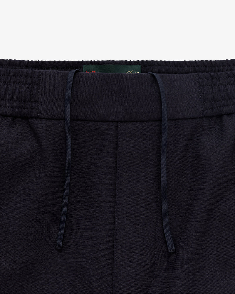 Close-up of Tropical Wool Elasticated Waist Suit Trouser with drawstring, visible waistband, and front seam detail.