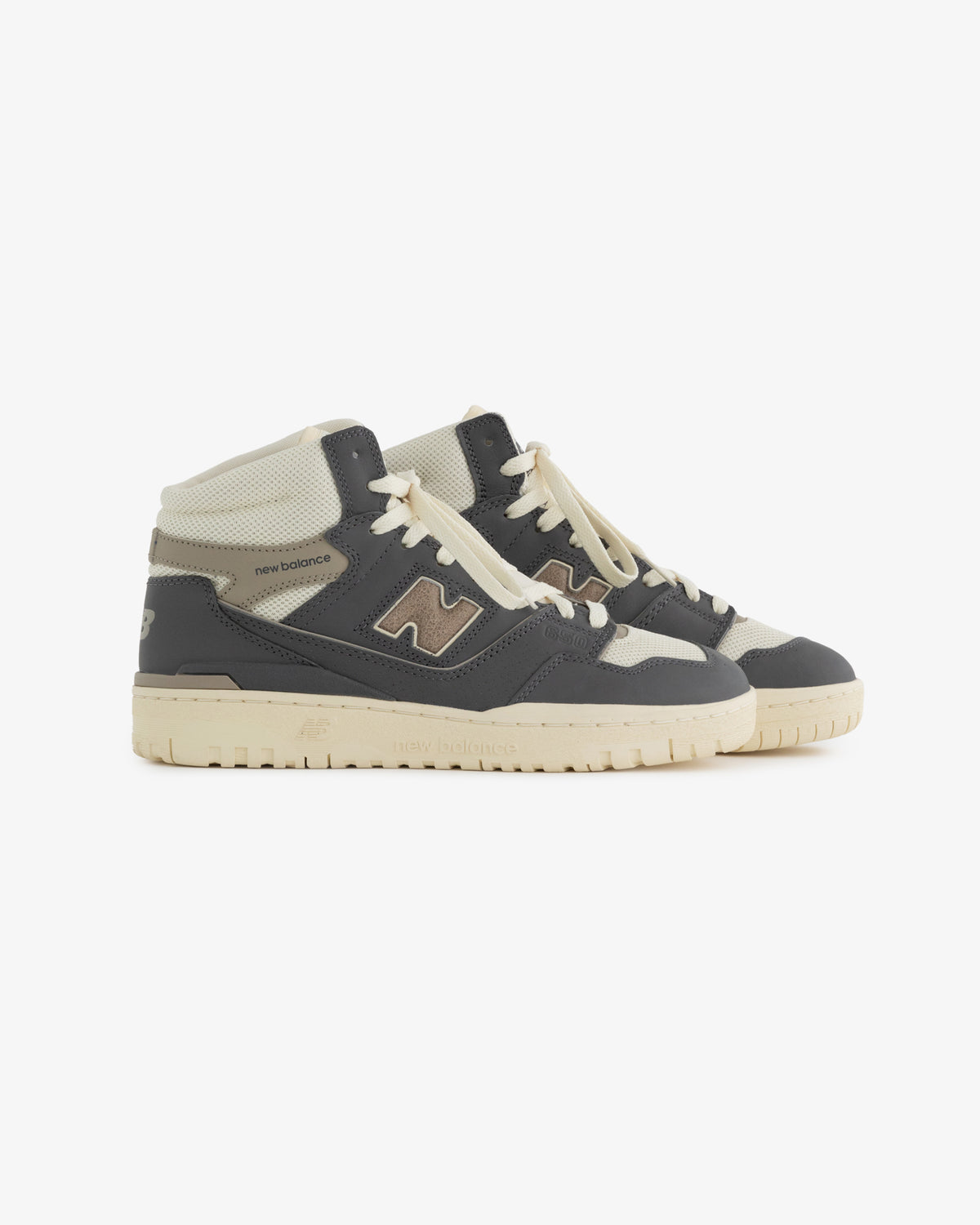 A pair of ALD / New Balance 650R gray and off-white high-top sneakers with beige soles on a white background.