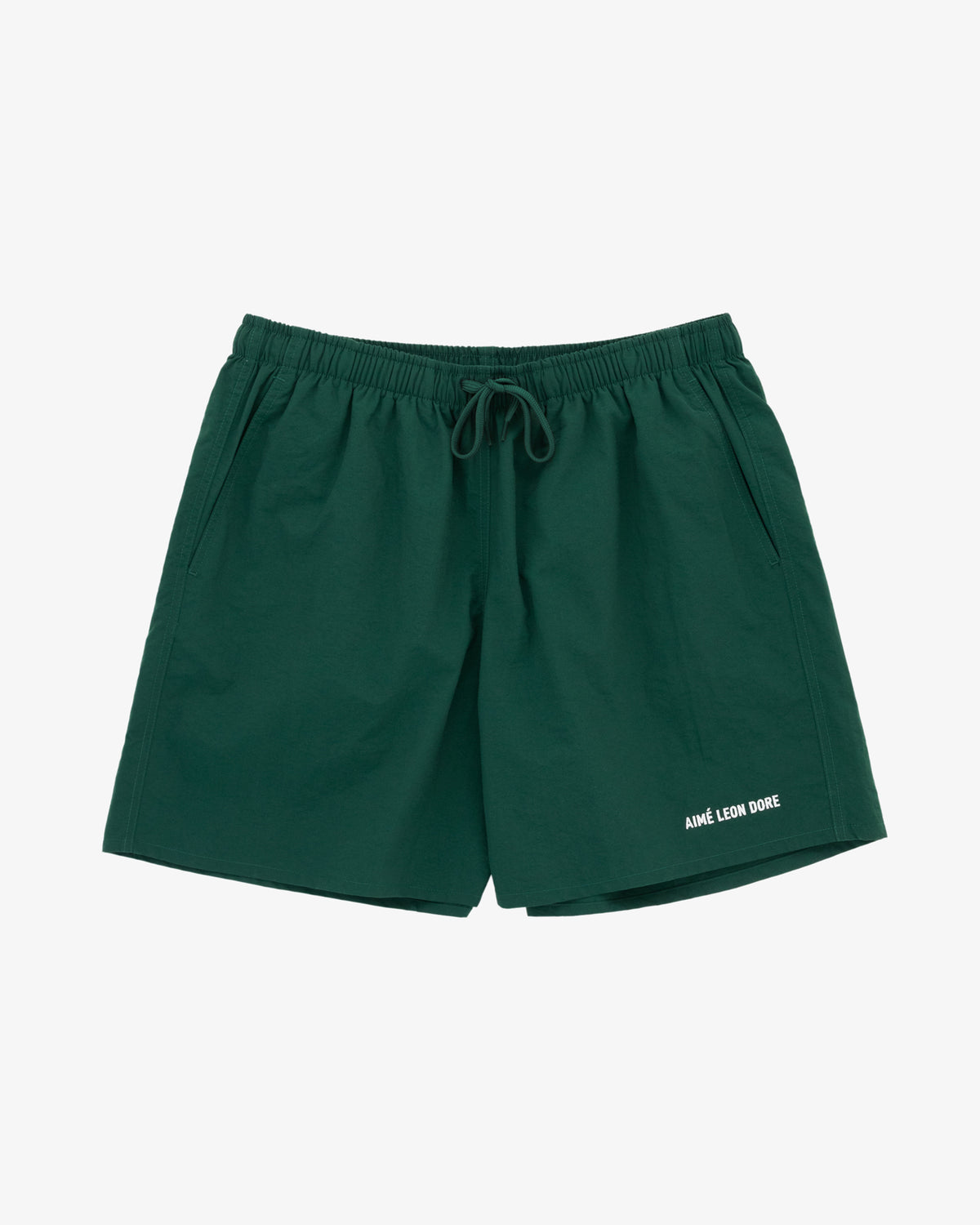 Dark green Logo Swim Short with side pockets and white Aimé Leon Dore text near the left hem.