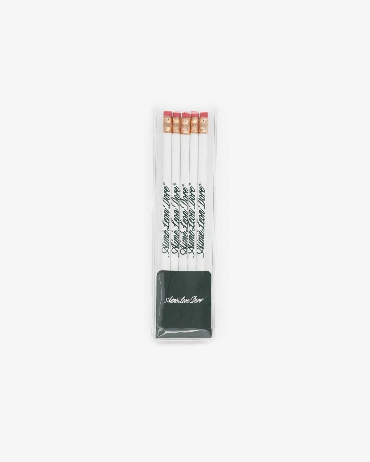 Pencil 5 Pack: five white pencils with pink erasers, green text, in a clear plastic sleeve.